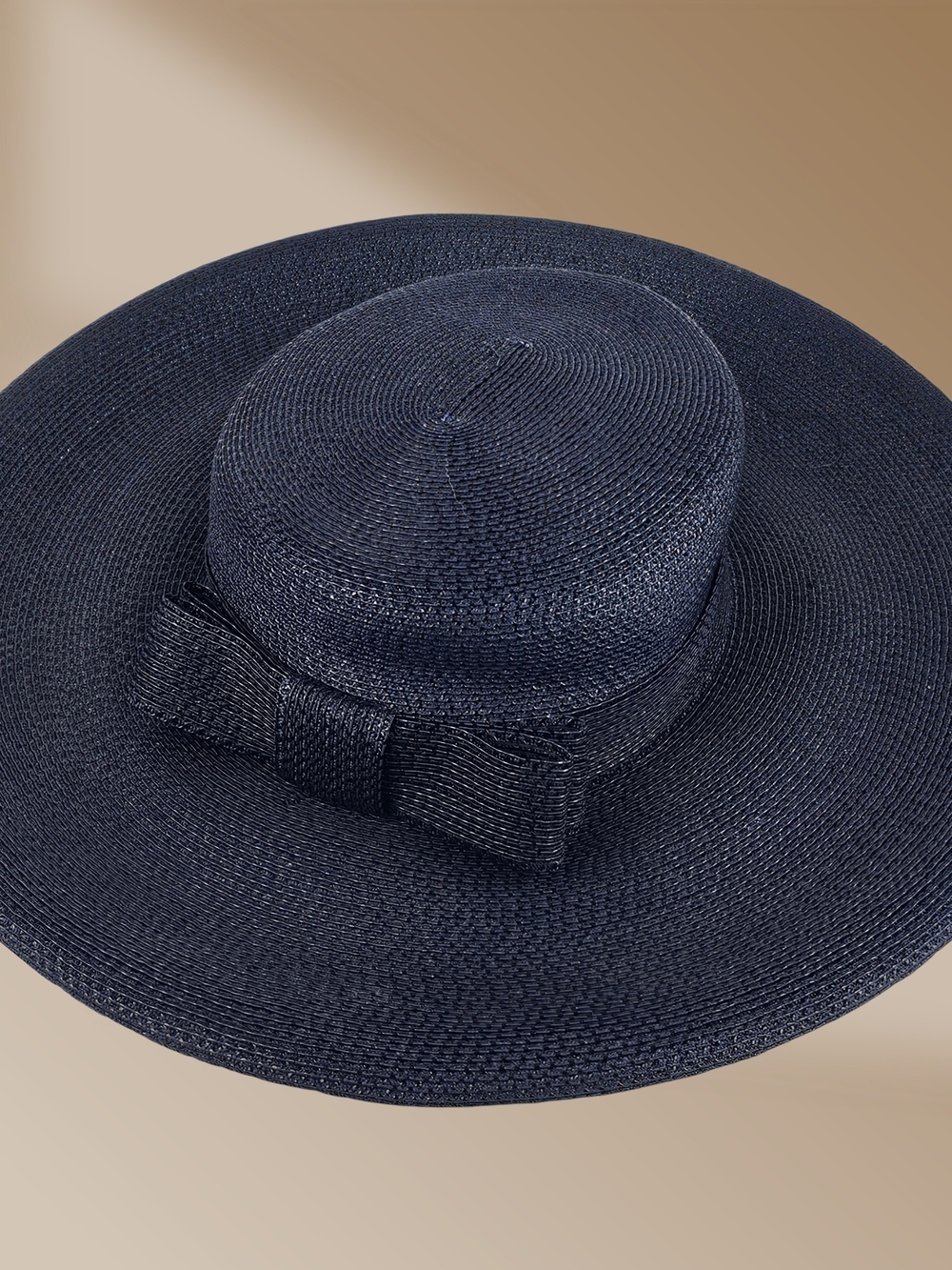 Vintage 1960s Frank Olive Women’s Navy Wide-Brim Straw Sun Hat with Bow